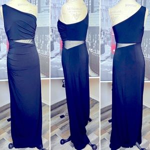Laundry Shelli Segal Black Slit One Shoulder Gown Maxi Dress Mesh Waist Detail 8